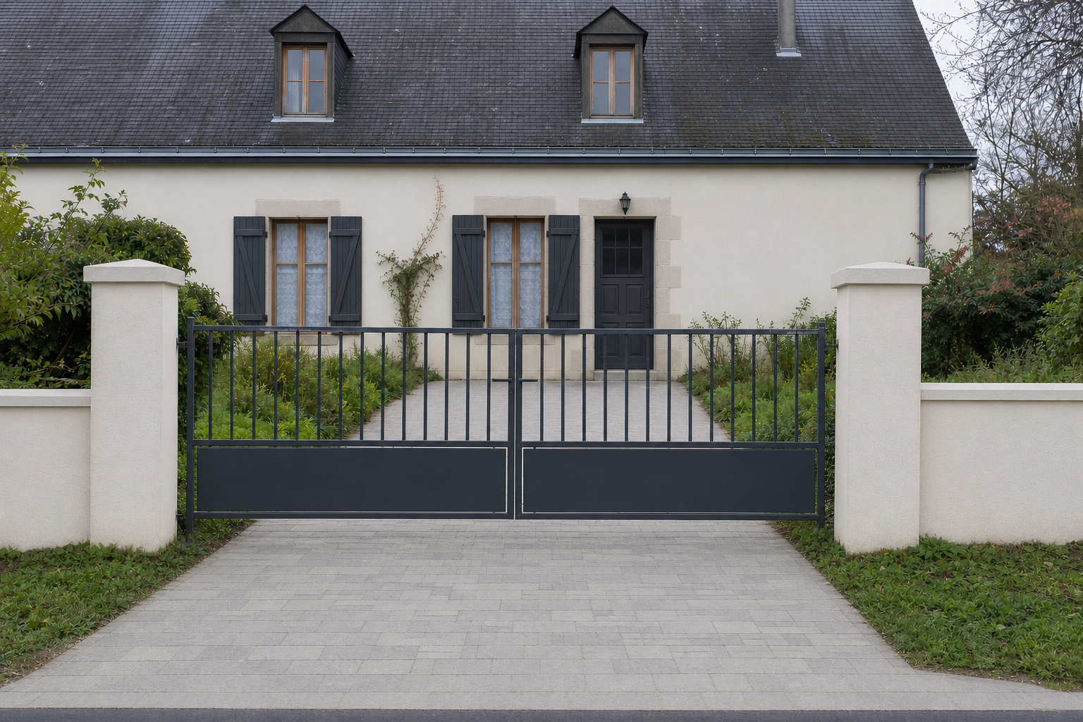 Exemple illustratif d’un portail, d’un muret et d’un dallage remis en valeur