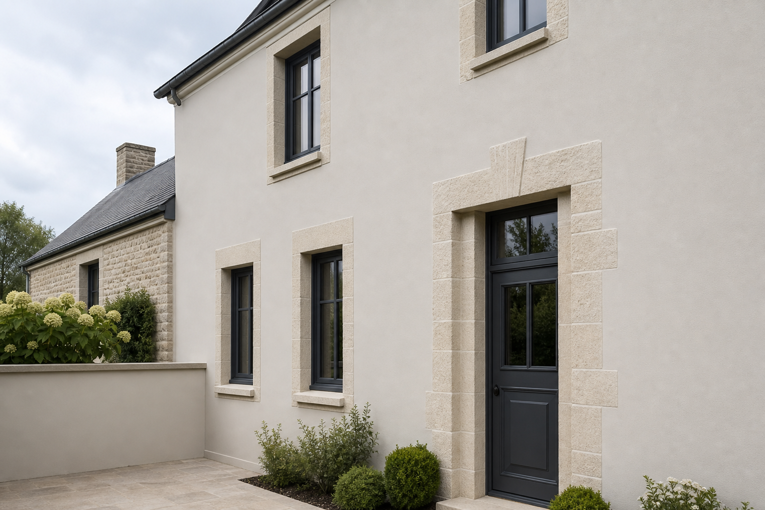 Façade extérieure rénovée et repeinte sur une maison du Calvados